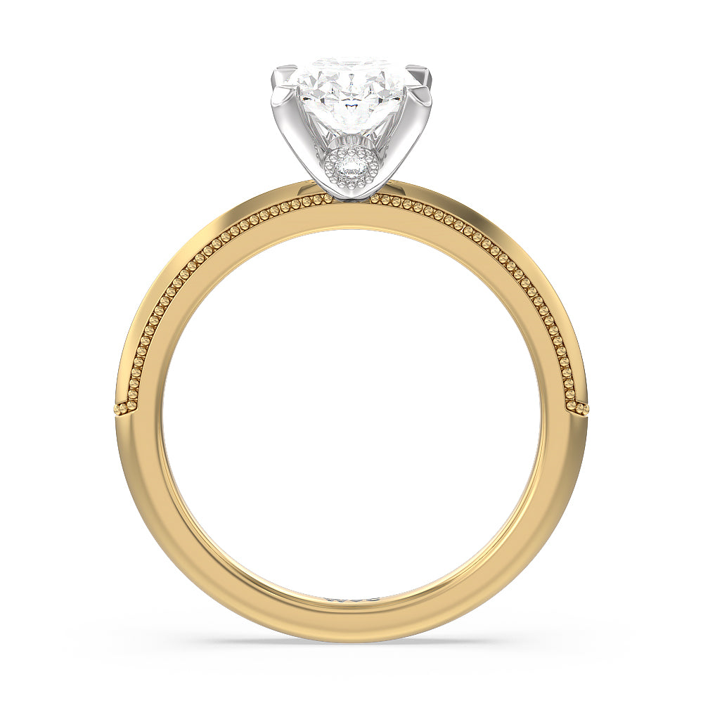 Milgrain Knife Edge Hidden Accent Engagement Ring with Oval Cut Diamond in 14KT White & Yellow Gold view 2
