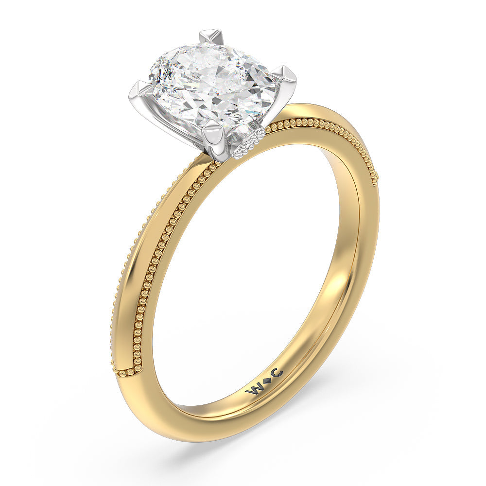 Milgrain Knife Edge Hidden Accent Engagement Ring with Oval Cut Diamond in 14KT White & Yellow Gold view 3
