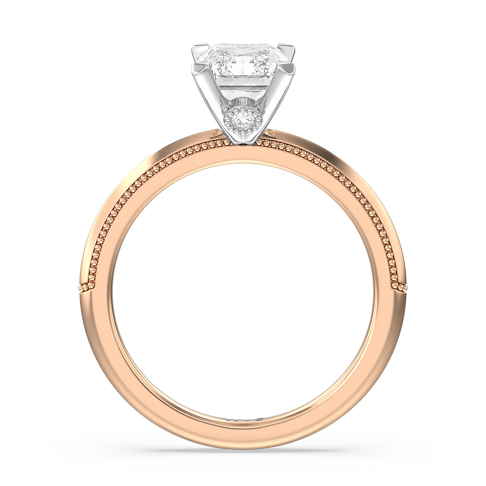 Milgrain Knife Edge Hidden Accent Engagement Ring with Radiant Cut Diamond in 14KT White & Rose Gold view 2
