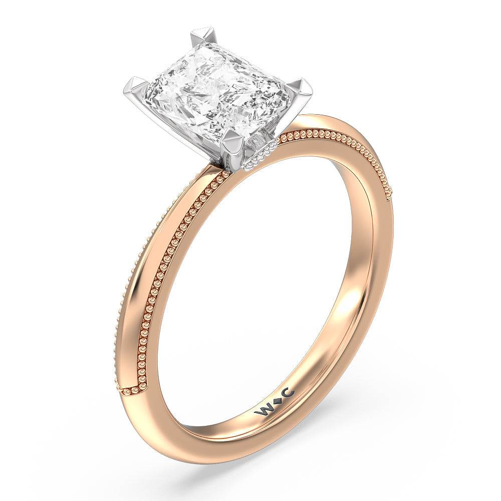 Milgrain Knife Edge Hidden Accent Engagement Ring with Radiant Cut Diamond in 14KT White & Rose Gold view 3

