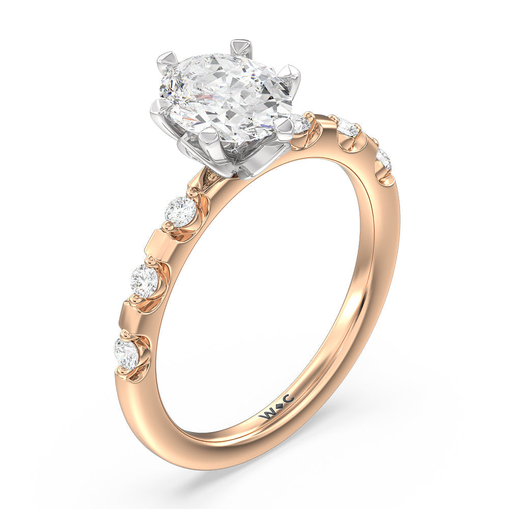 Petal 6 Claw Petal Hidden Accent Engagement Ring with Oval Cut Diamond in 14KT White & Rose Gold view 3

