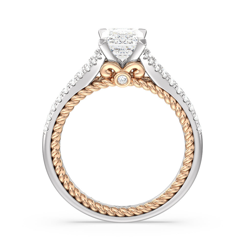 Split Shank Rope Hidden Accent Engagement Ring with Emerald Cut Diamond in 14KT White & Rose Gold view 2
