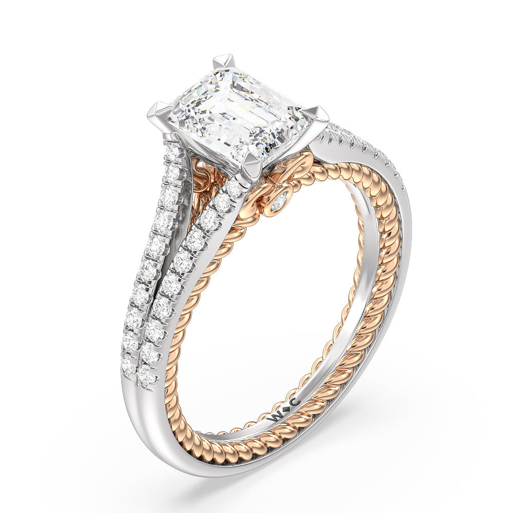 Split Shank Rope Hidden Accent Engagement Ring with Emerald Cut Diamond in 14KT White & Rose Gold view 3
