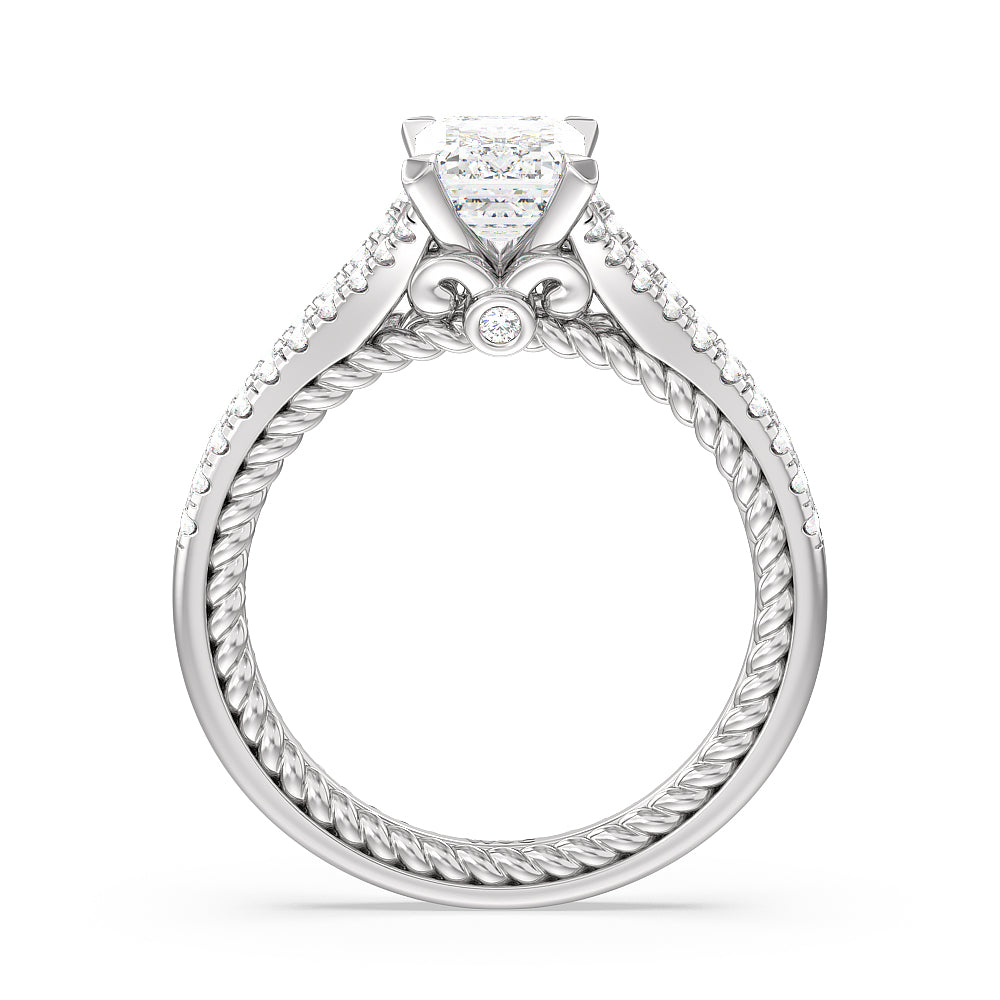 Split Shank Rope Hidden Accent Engagement Ring with Emerald Cut Diamond in 14KT Platinum view 2
