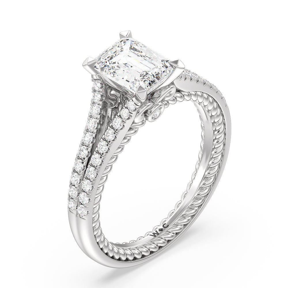 Split Shank Rope Hidden Accent Engagement Ring with Emerald Cut Diamond in 14KT Platinum view 3
