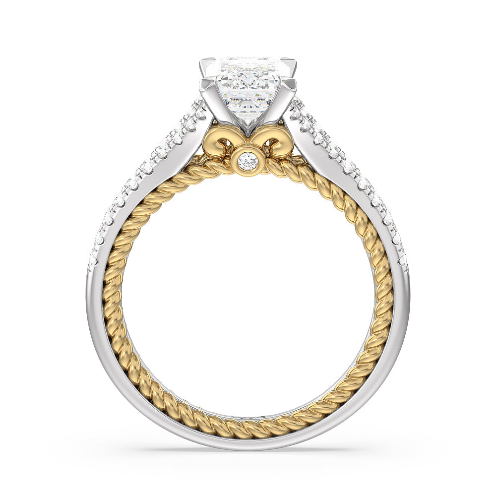 Split Shank Rope Hidden Accent Engagement Ring with Emerald Cut Diamond in 14KT White & Yellow Gold view 2
