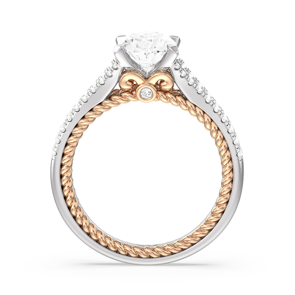 Split Shank Rope Hidden Accent Engagement Ring with Oval Cut Diamond in 14KT White & Rose Gold view 2
