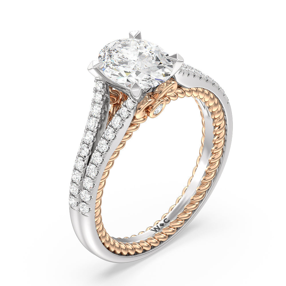 Split Shank Rope Hidden Accent Engagement Ring with Oval Cut Diamond in 14KT White & Rose Gold view 3
