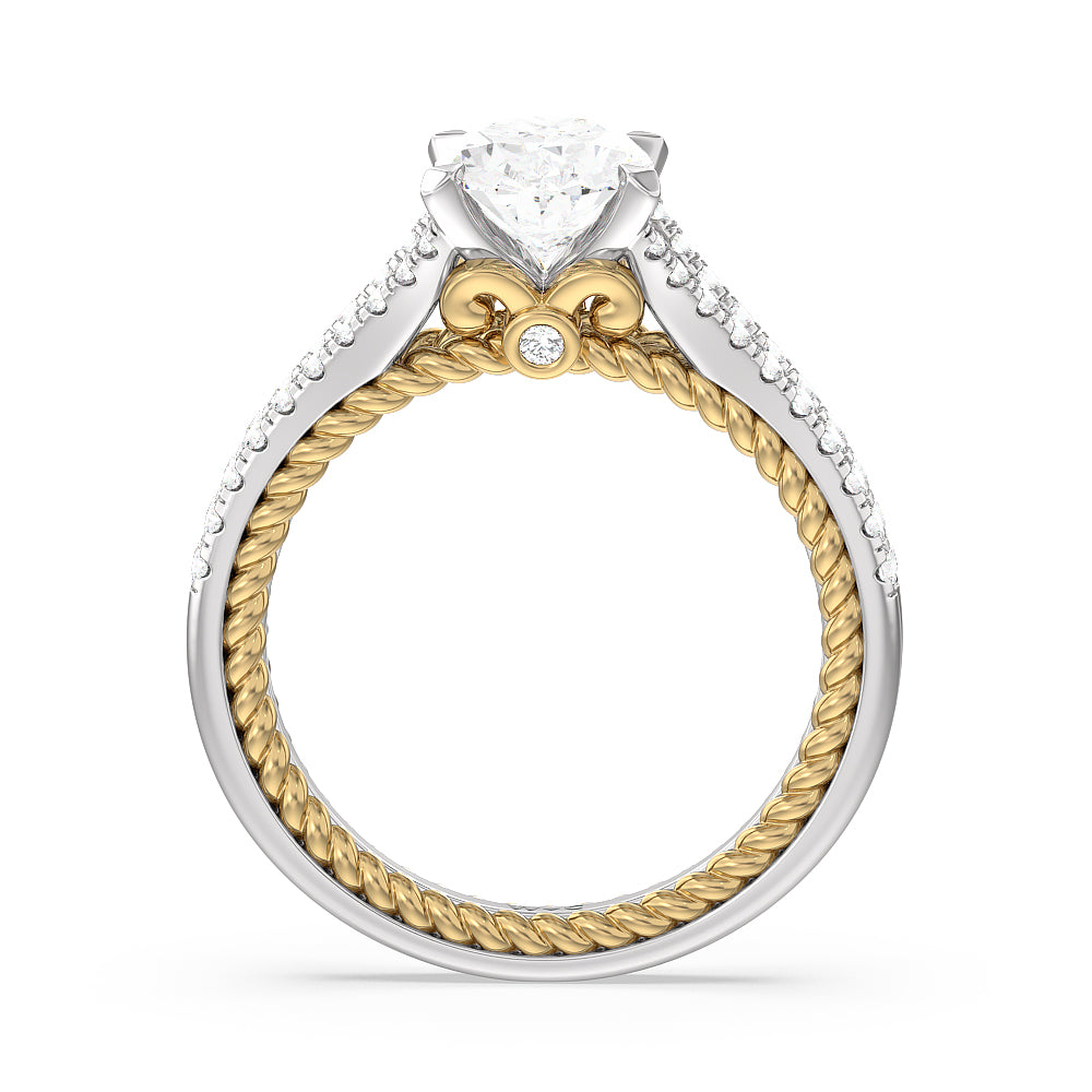 Split Shank Rope Hidden Accent Engagement Ring with Oval Cut Diamond in 14KT White & Yellow Gold view 2
