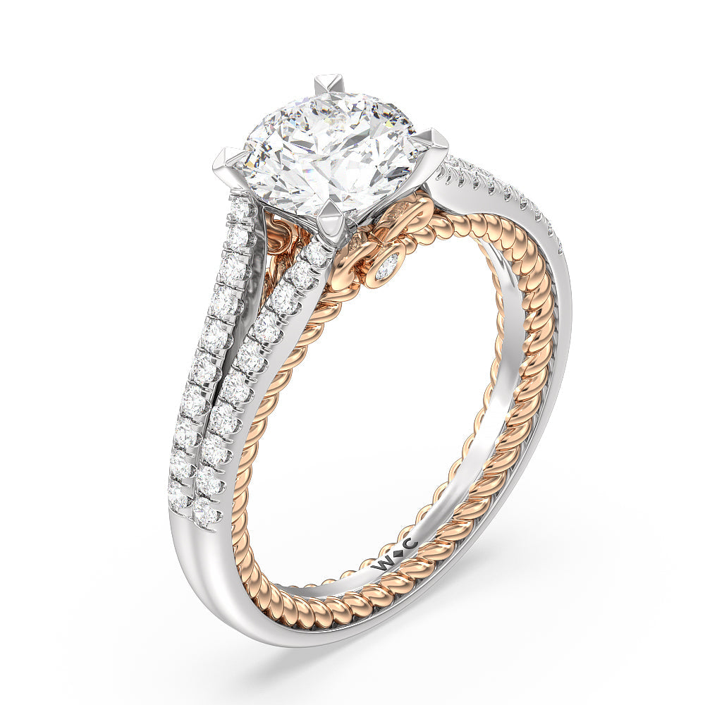 Split Shank Rope Hidden Accent Engagement Ring with Round Cut Diamond in 14KT White & Rose Gold view 3
