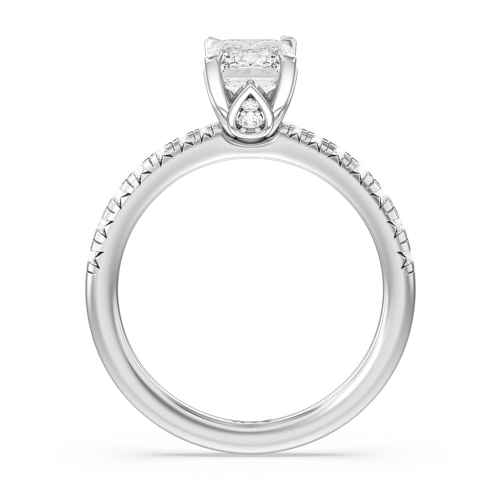 Petal Hidden Accent Engagement Ring with Emerald Cut Diamond in 14KT Platinum view 2
