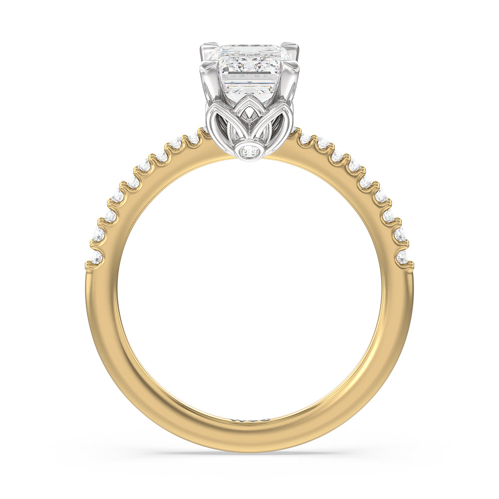 Petal Hidden Accent Pave Engagement Ring with Emerald Cut Diamond in 14KT White & Yellow Gold view 2
