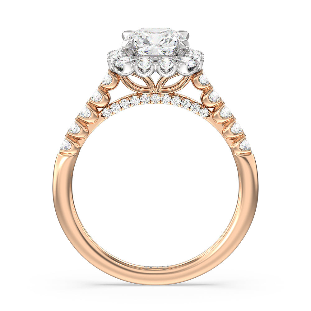Shared Prong Halo Petal Engagement Ring with Cushion Cut Diamond in 14KT White & Rose Gold view 2
