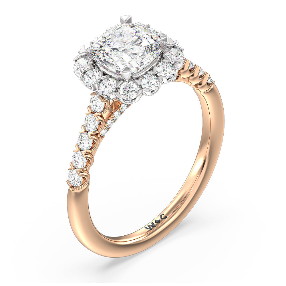 Shared Prong Halo Petal Engagement Ring with Cushion Cut Diamond in 14KT White & Rose Gold view 3
