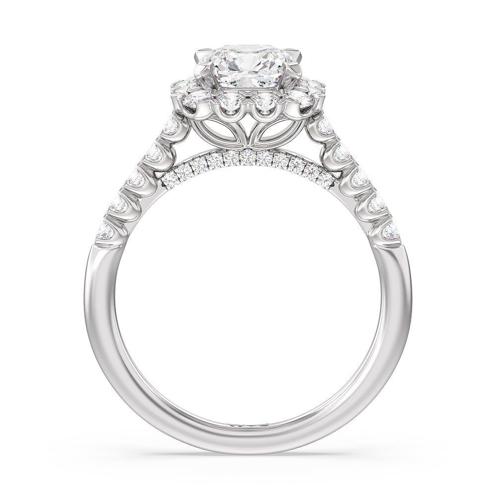 Shared Prong Halo Petal Engagement Ring with Cushion Cut Diamond in 14KT Platinum view 2
