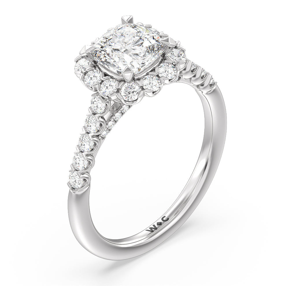 Shared Prong Halo Petal Engagement Ring with Cushion Cut Diamond in 14KT Platinum view 3
