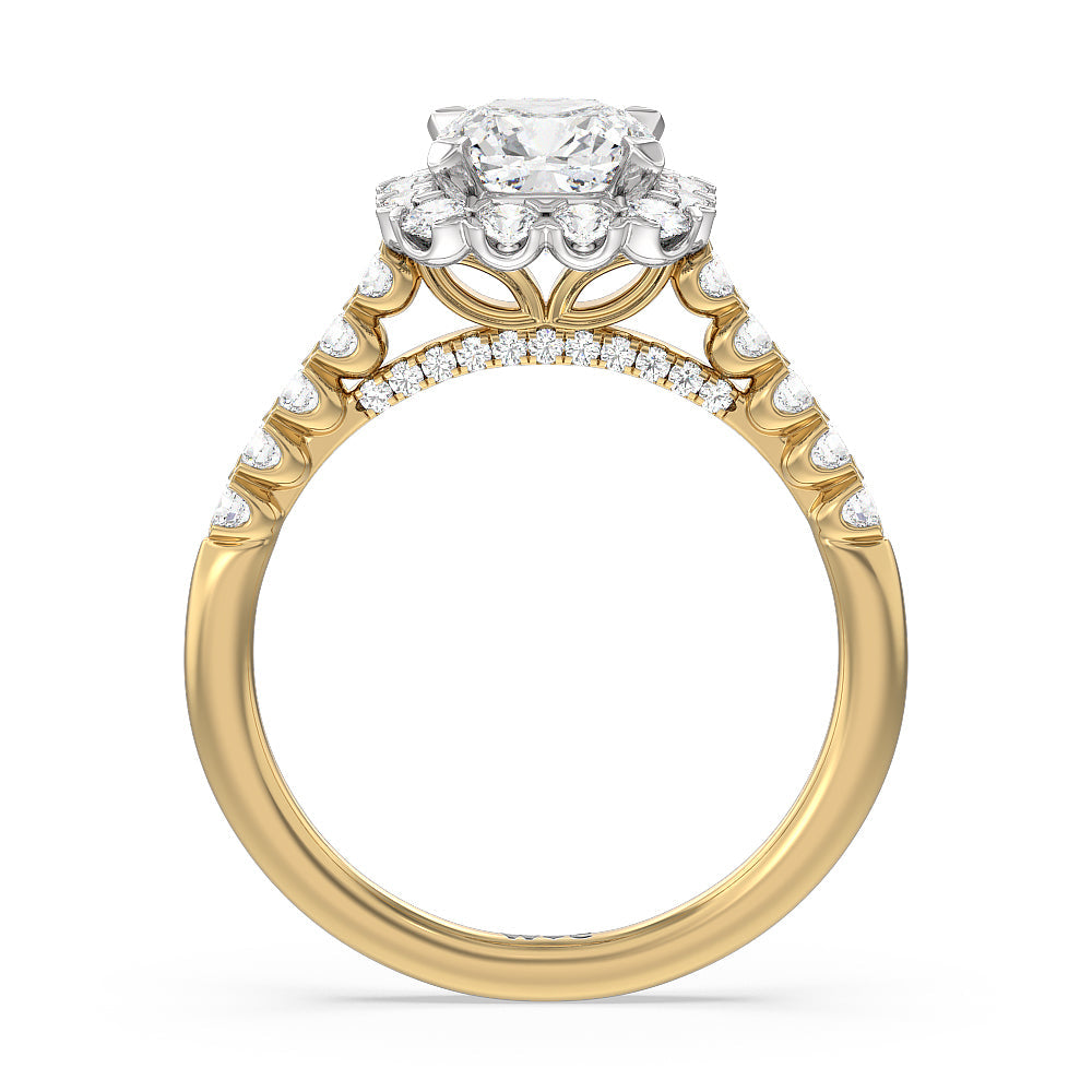 Shared Prong Halo Petal Engagement Ring with Cushion Cut Diamond in 14KT White & Yellow Gold view 2
