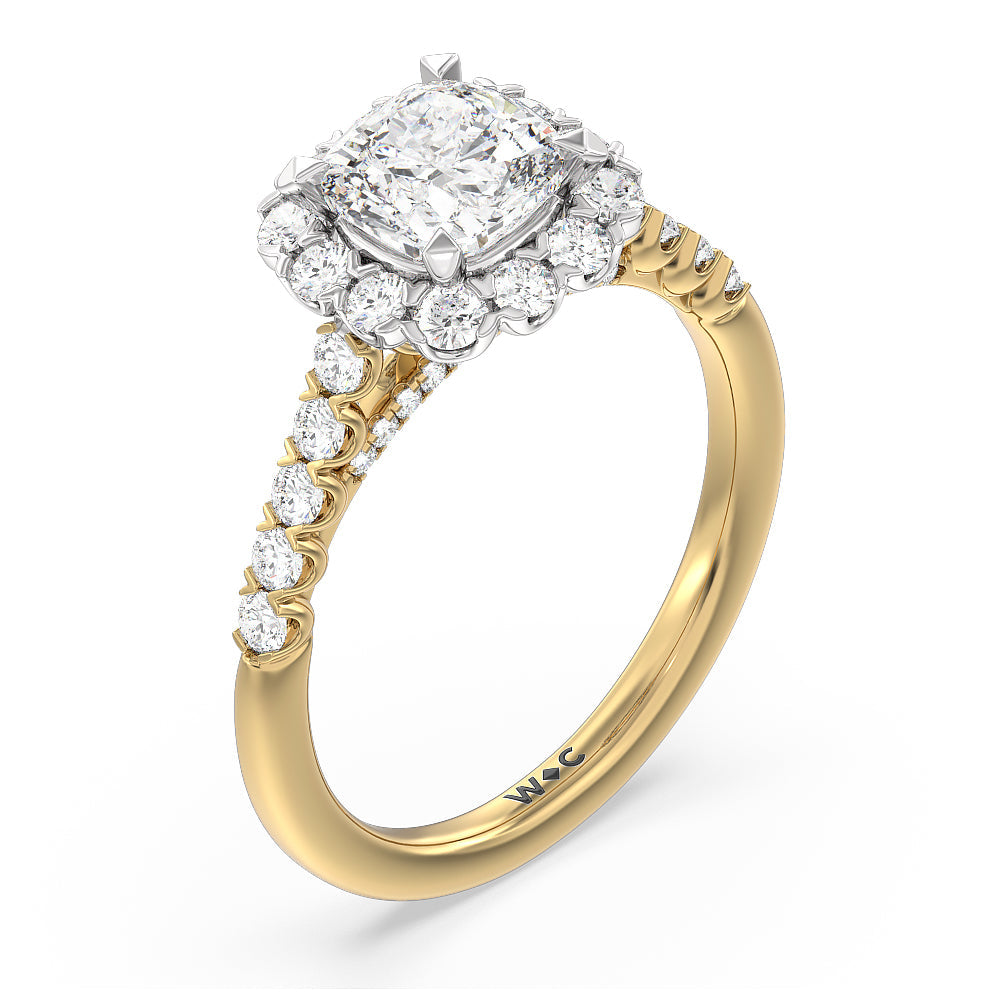 Shared Prong Halo Petal Engagement Ring with Cushion Cut Diamond in 14KT White & Yellow Gold view 3
