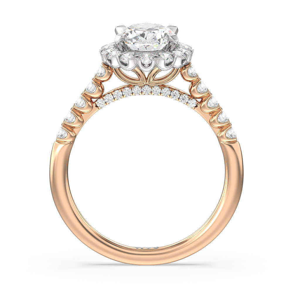 Shared Prong Halo Petal Engagement Ring with Oval Cut Diamond in 14KT White & Rose Gold view 2
