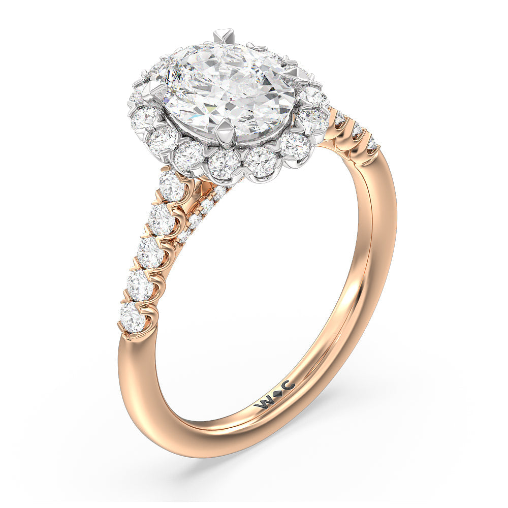 Shared Prong Halo Petal Engagement Ring with Oval Cut Diamond in 14KT White & Rose Gold view 3
