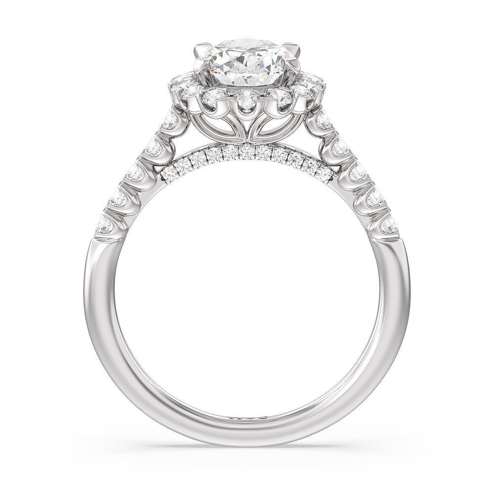Shared Prong Halo Petal Engagement Ring with Oval Cut Diamond in 14KT Platinum view 2
