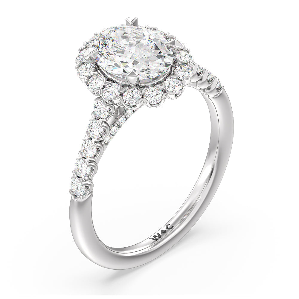 Shared Prong Halo Petal Engagement Ring with Oval Cut Diamond in 14KT Platinum view 3
