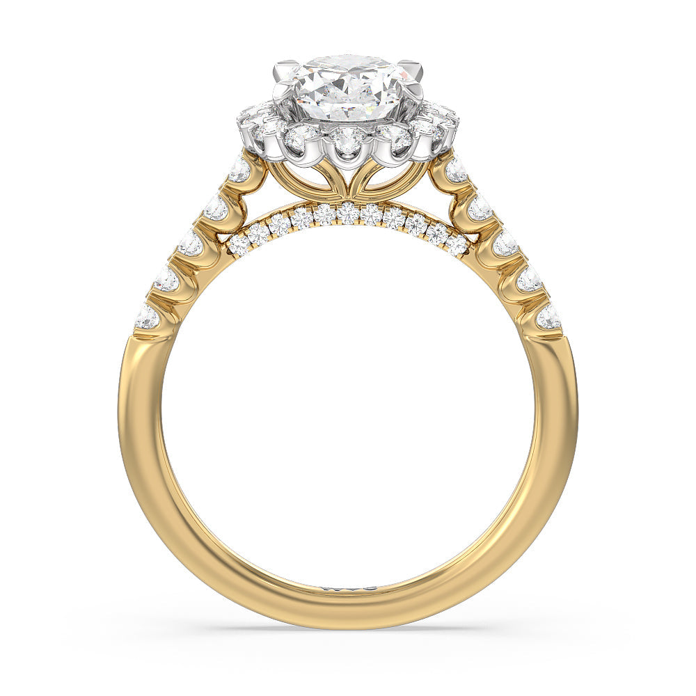 Shared Prong Halo Petal Engagement Ring with Oval Cut Diamond in 14KT White & Yellow Gold view 2
