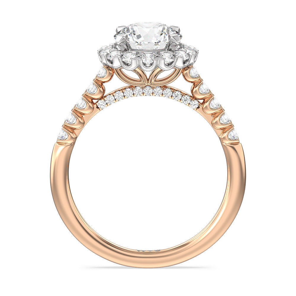 Shared Prong Halo Petal Engagement Ring with Round Cut Diamond in 14KT White & Rose Gold view 2
