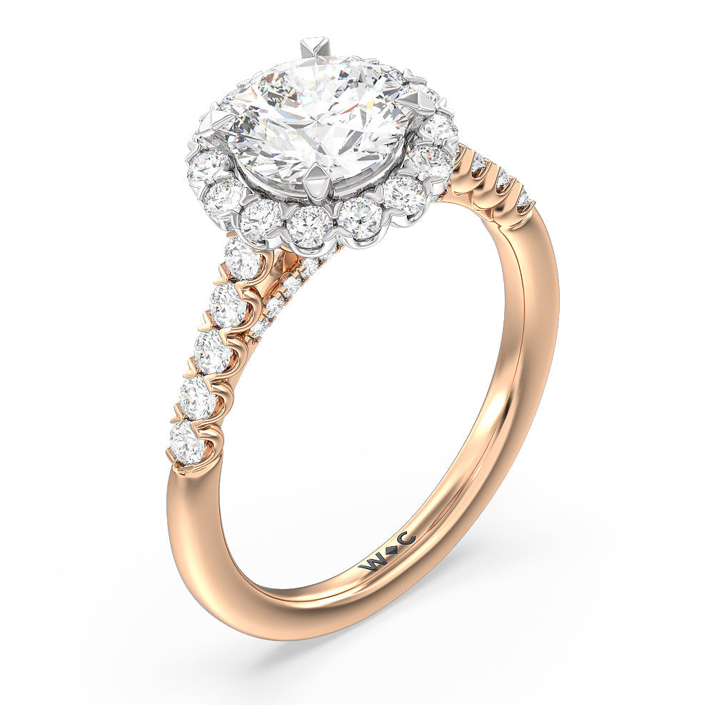 Shared Prong Halo Petal Engagement Ring with Round Cut Diamond in 14KT White & Rose Gold view 3
