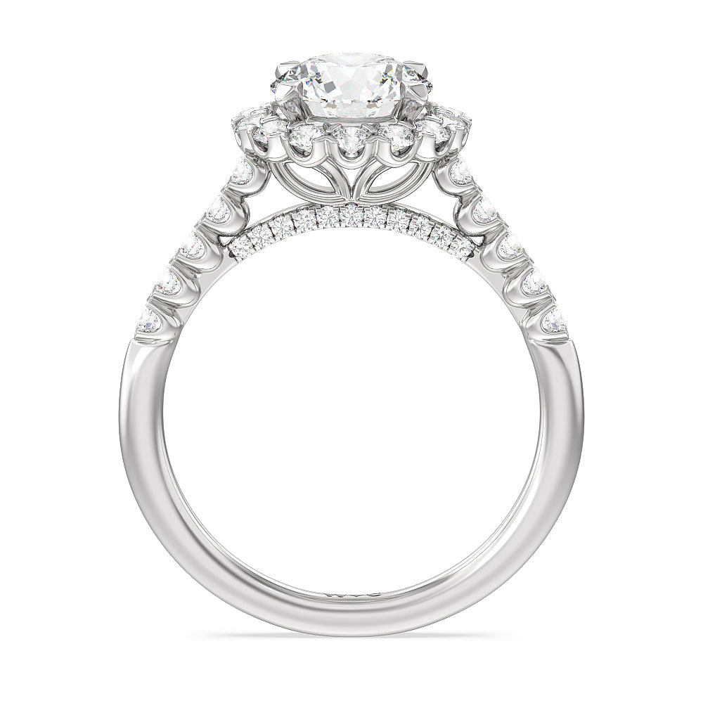Shared Prong Halo Petal Engagement Ring with Round Cut Diamond in 14KT Platinum view 2
