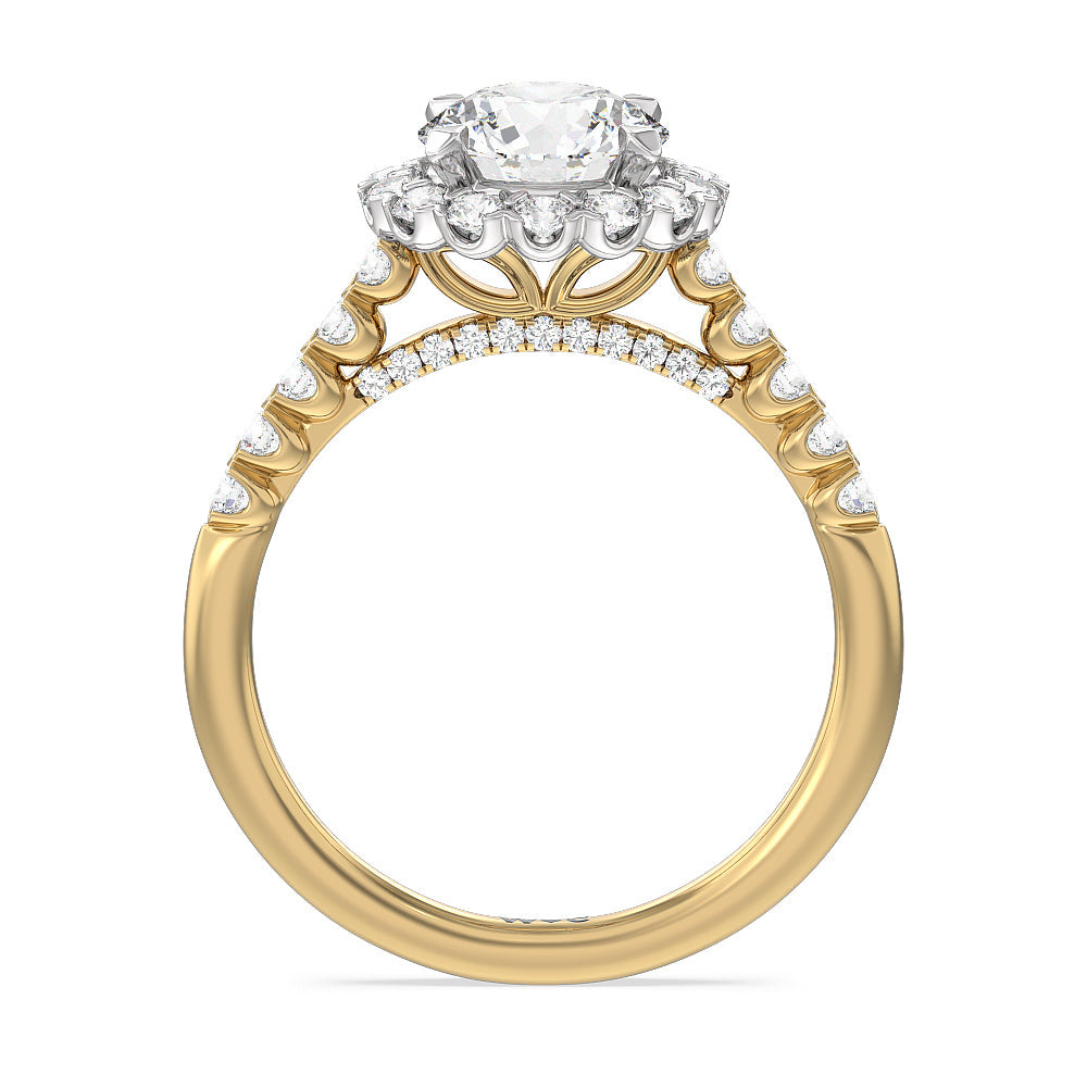 Shared Prong Halo Petal Engagement Ring with Round Cut Diamond in 14KT White & Yellow Gold view 2
