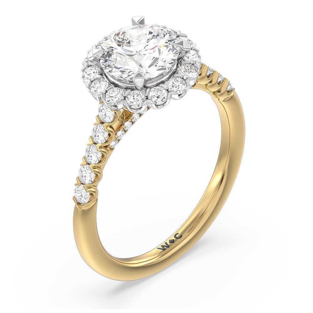 Shared Prong Halo Petal Engagement Ring with Round Cut Diamond in 14KT White & Yellow Gold view 3
