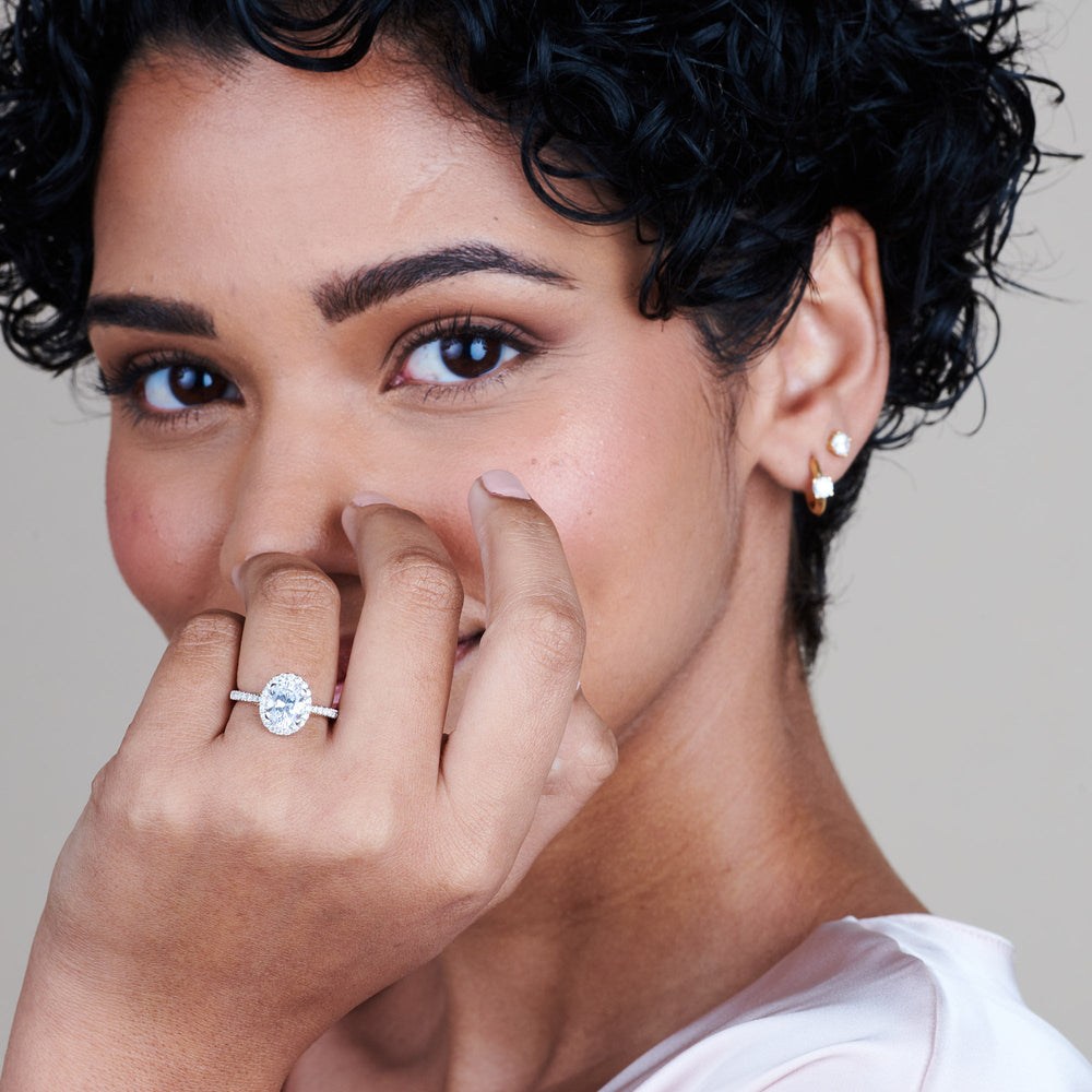 Model Wearing Duo Band Halo Engagement Ring view