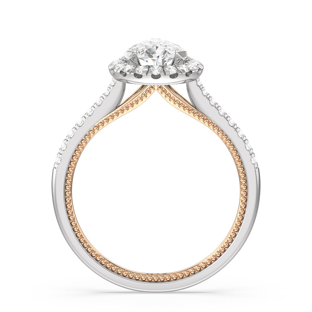 Duo Band Halo Engagement Ring with Pear Cut Diamond in 14KT White & Rose Gold view 2
