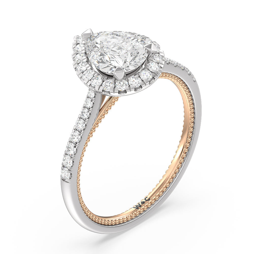 Duo Band Halo Engagement Ring with Pear Cut Diamond in 14KT White & Rose Gold view 3
