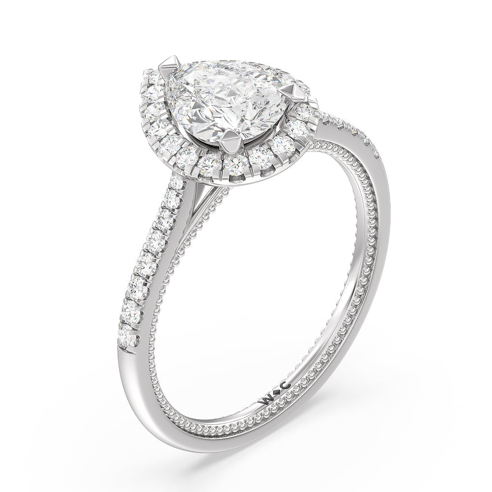 Duo Band Halo Engagement Ring with Pear Cut Diamond in 14KT Platinum view 3
