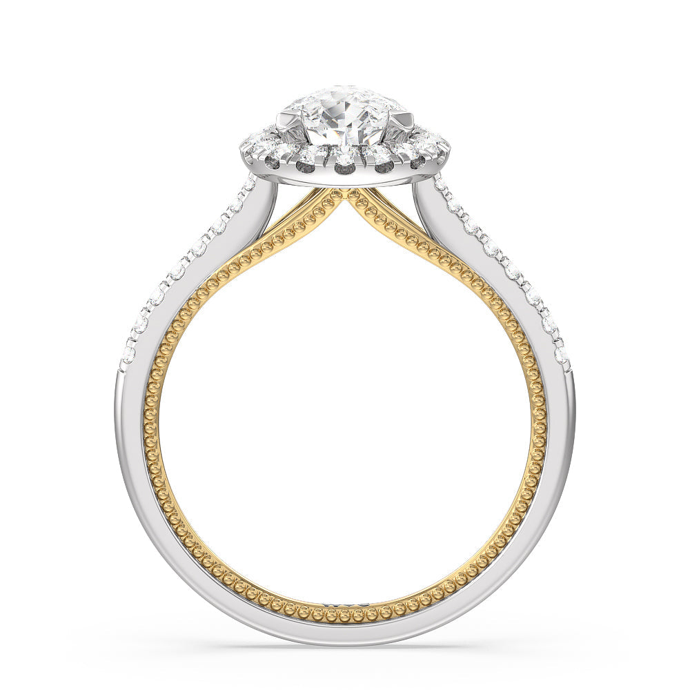 Duo Band Halo Engagement Ring with Pear Cut Diamond in 14KT White & Yellow Gold view 2
