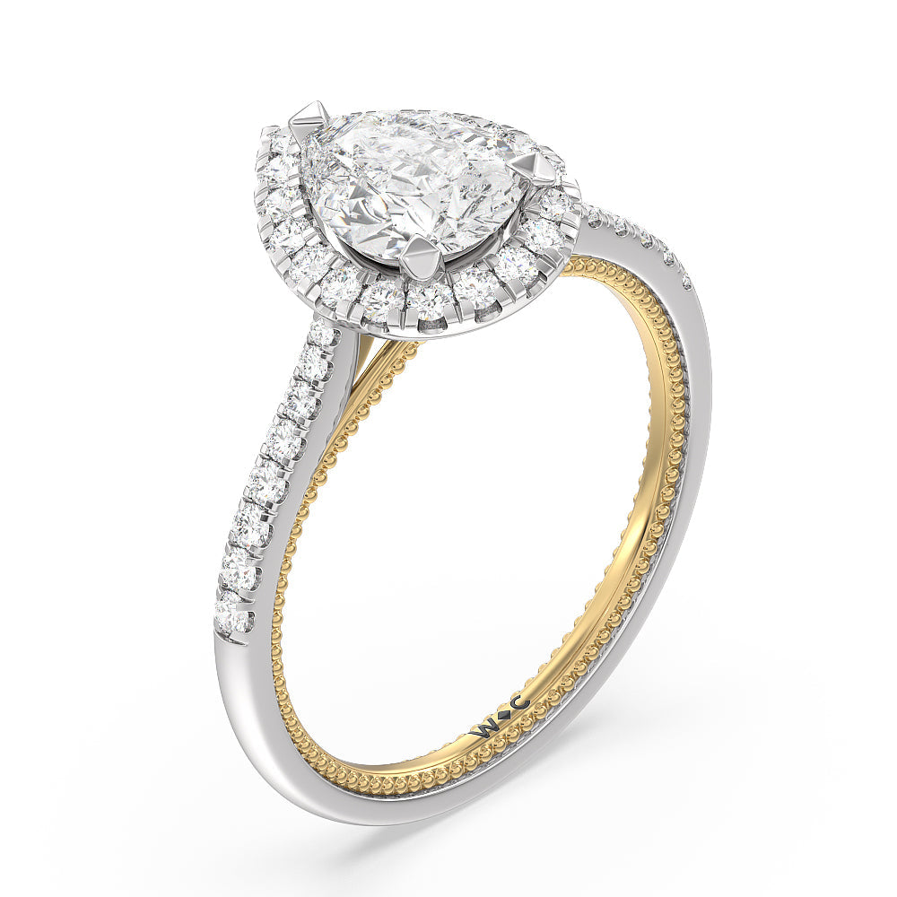 Duo Band Halo Engagement Ring with Pear Cut Diamond in 14KT White & Yellow Gold view 3
