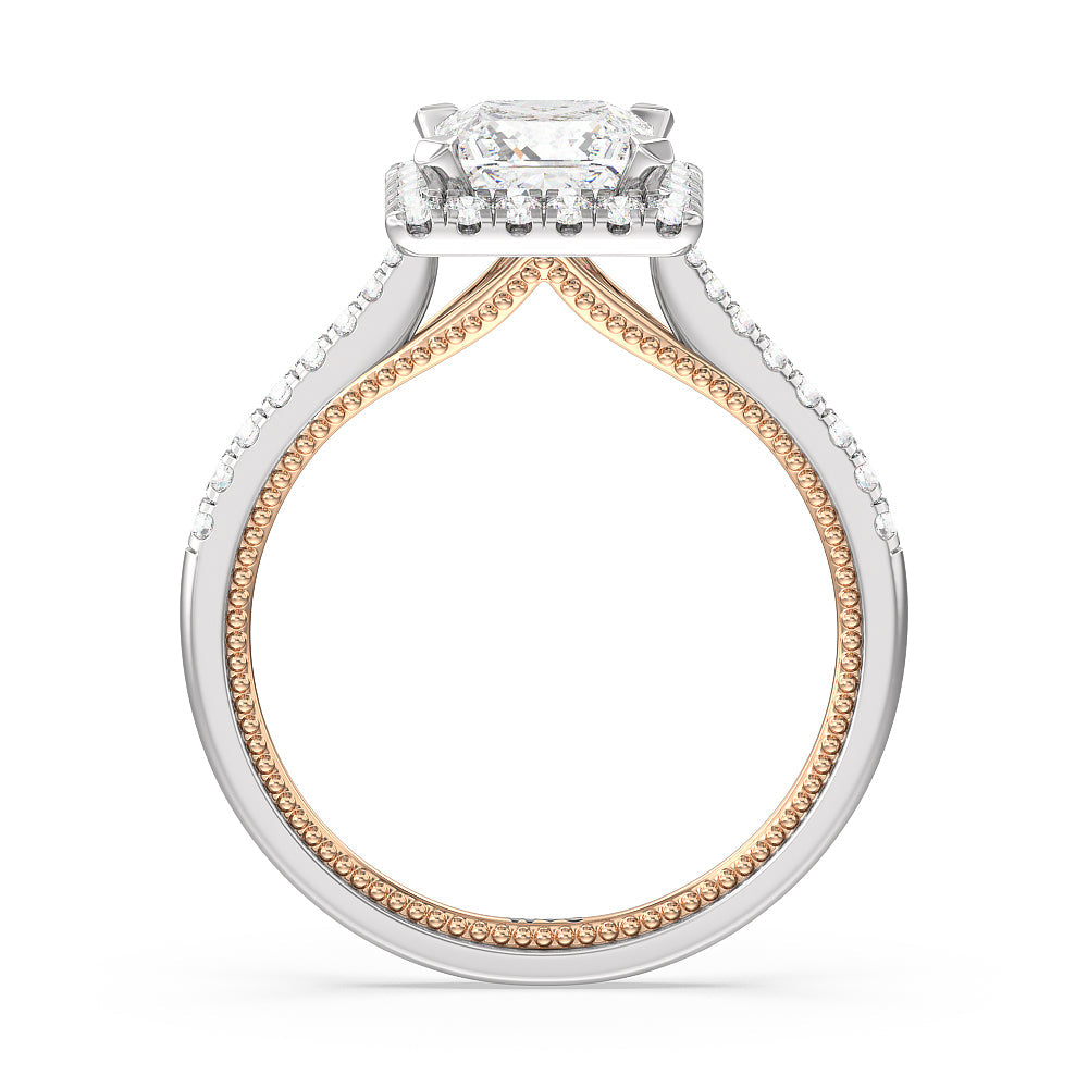 Duo Band Halo Engagement Ring with Princess Cut Diamond in 14KT White & Rose Gold view 2
