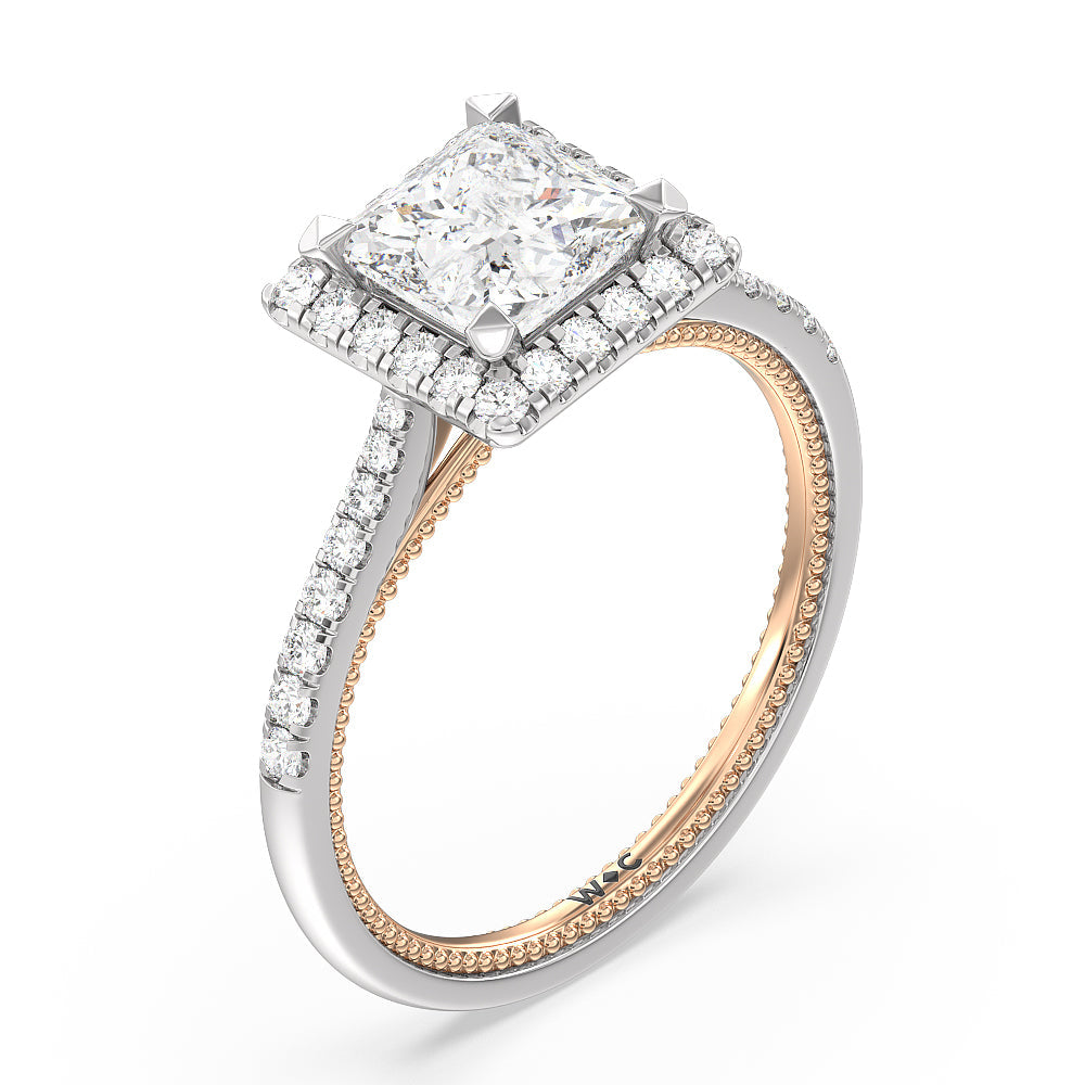 Duo Band Halo Engagement Ring with Princess Cut Diamond in 14KT White & Rose Gold view 3
