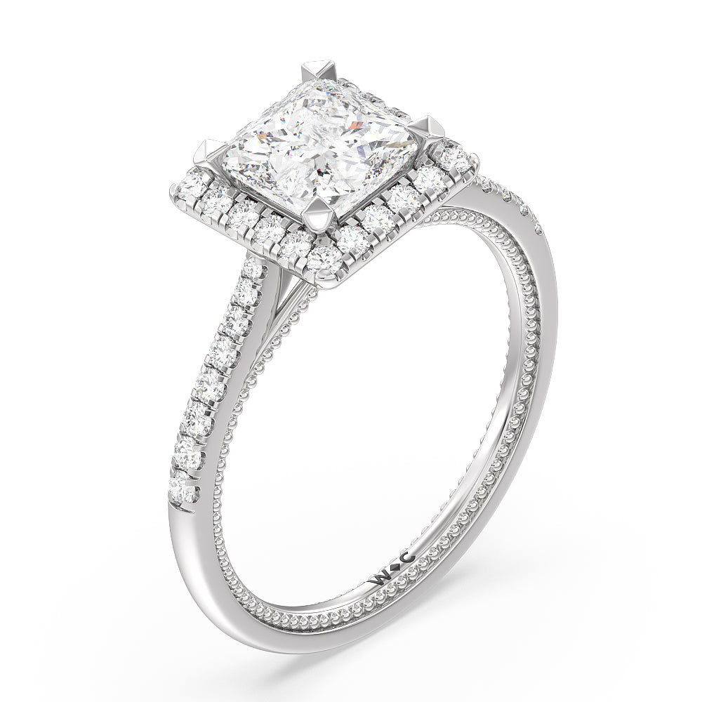 Duo Band Halo Engagement Ring with Princess Cut Diamond in 14KT Platinum view 3
