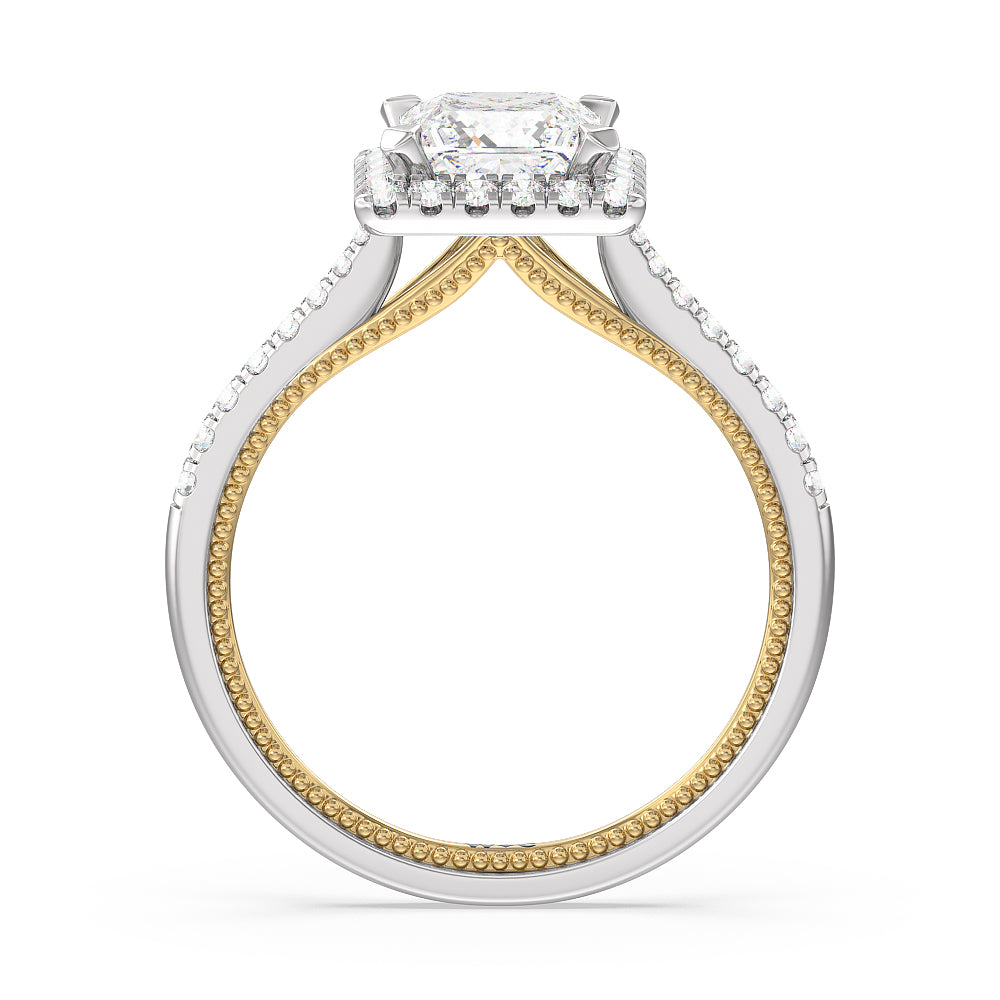 Duo Band Halo Engagement Ring with Princess Cut Diamond in 14KT White & Yellow Gold view 2
