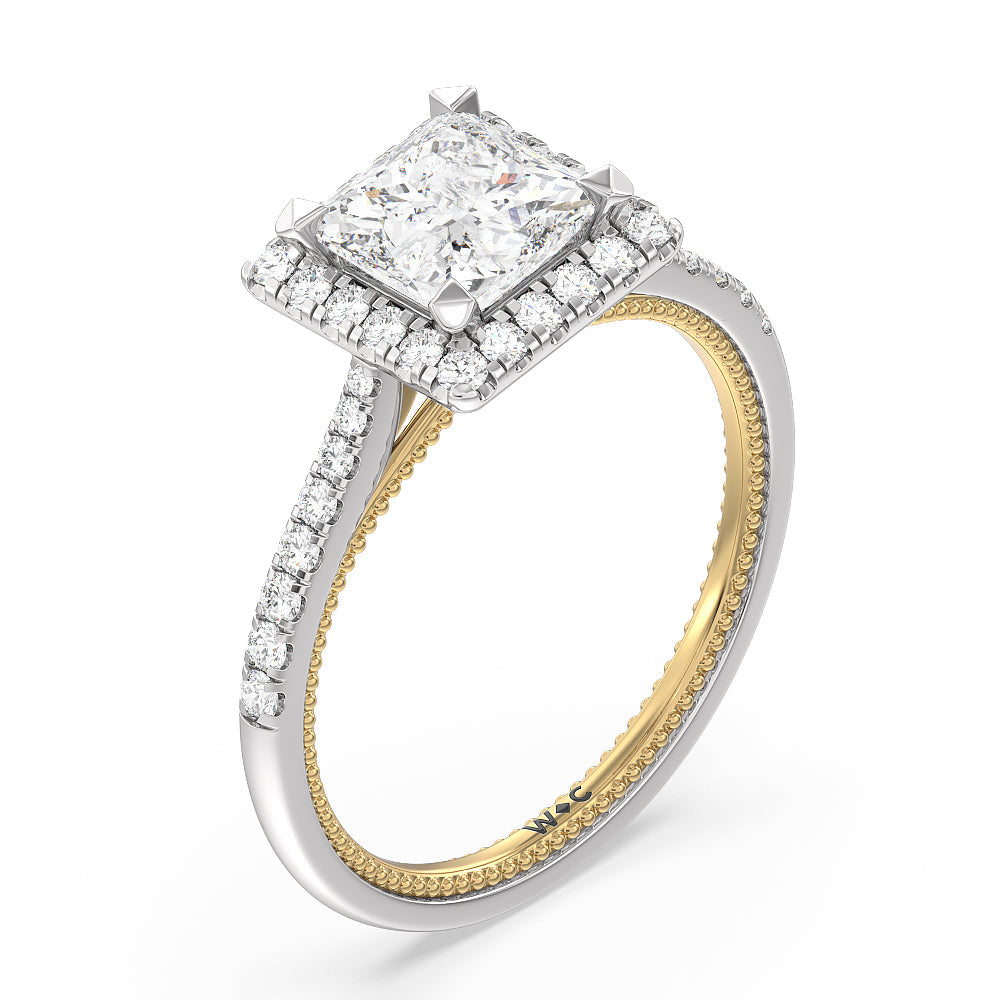Duo Band Halo Engagement Ring with Princess Cut Diamond in 14KT White & Yellow Gold view 3
