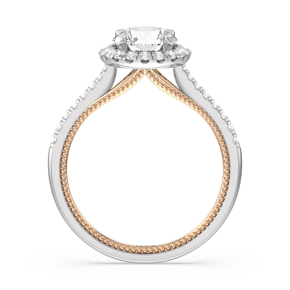 Duo Band Halo Engagement Ring with Round Cut Diamond in 14KT White & Rose Gold view 2
