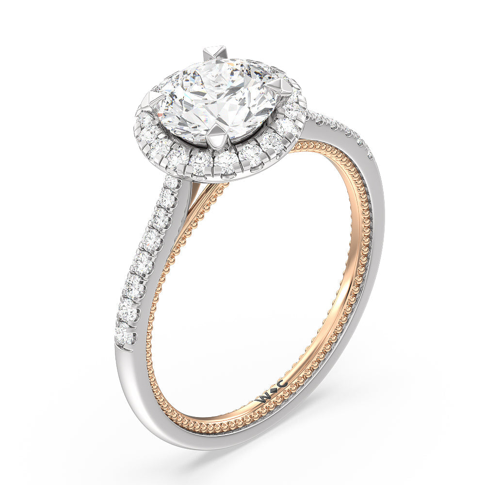 Duo Band Halo Engagement Ring with Round Cut Diamond in 14KT White & Rose Gold view 3
