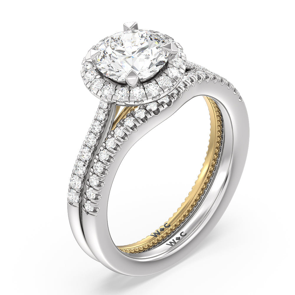 Duo Band Halo Engagement Ring with Round Cut Diamond in 14KT White & Yellow Gold view 4
