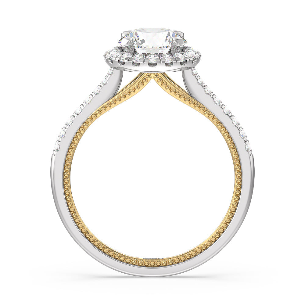 Duo Band Halo Engagement Ring with Round Cut Diamond in 14KT White & Yellow Gold view 2
