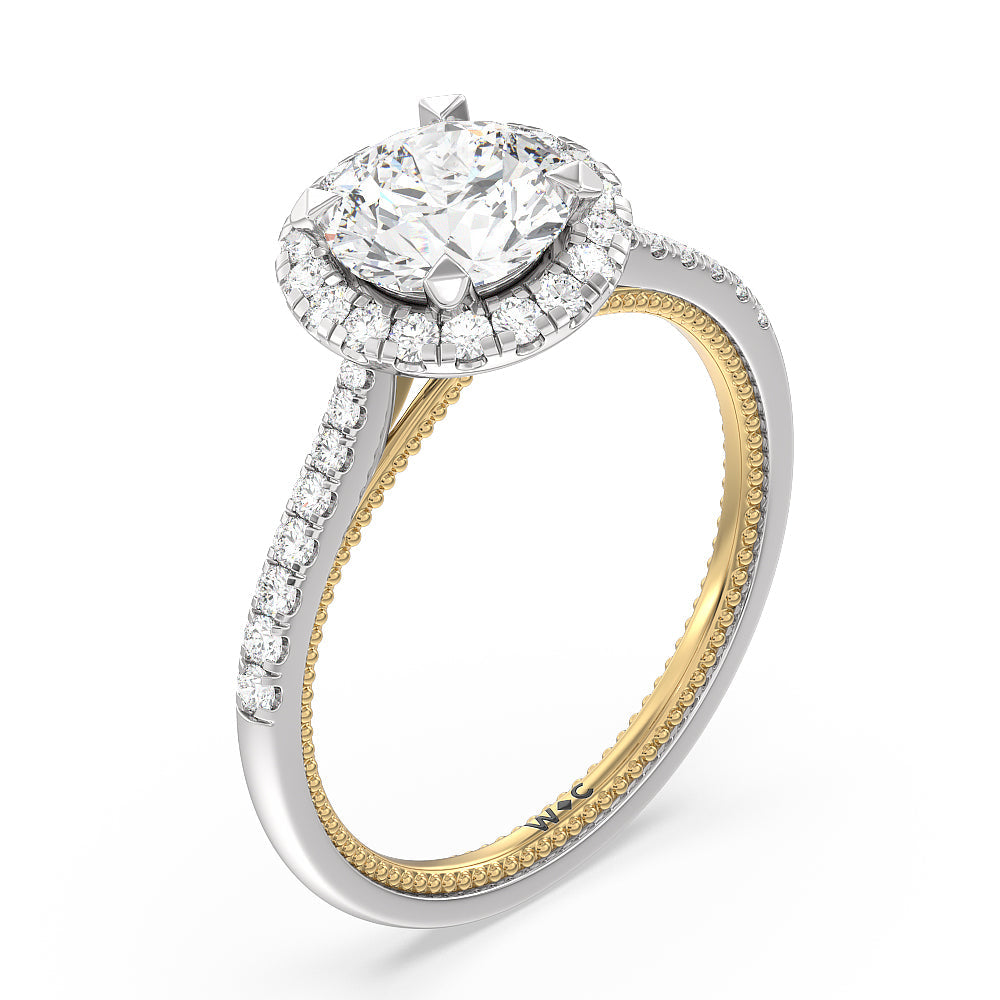 Duo Band Halo Engagement Ring with Round Cut Diamond in 14KT White & Yellow Gold view 3
