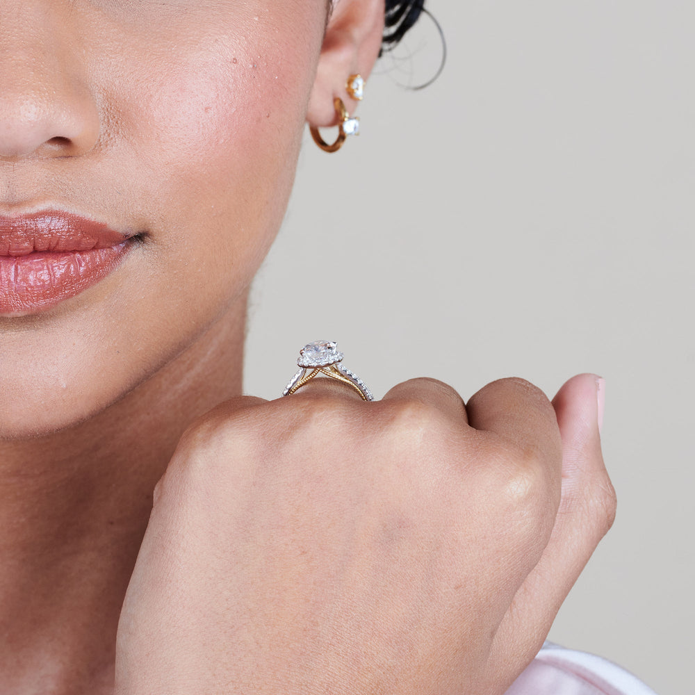 Model Wearing Duo Band Halo Engagement Ring view
