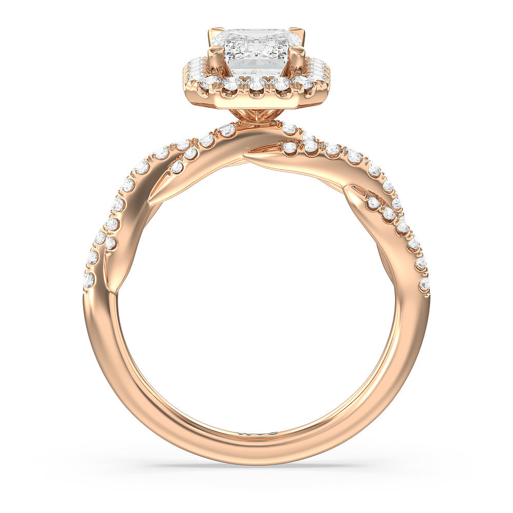 Twisted Vine Halo Engagement Ring with Emerald Cut Diamond in 14KT Rose Gold view 2
